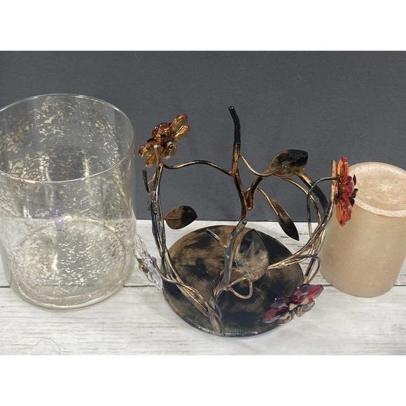 Vintage Gilded Metal Crystal Flowers Floral Design 3 Pc Pillar Candle Holder - Picture 2 of 11